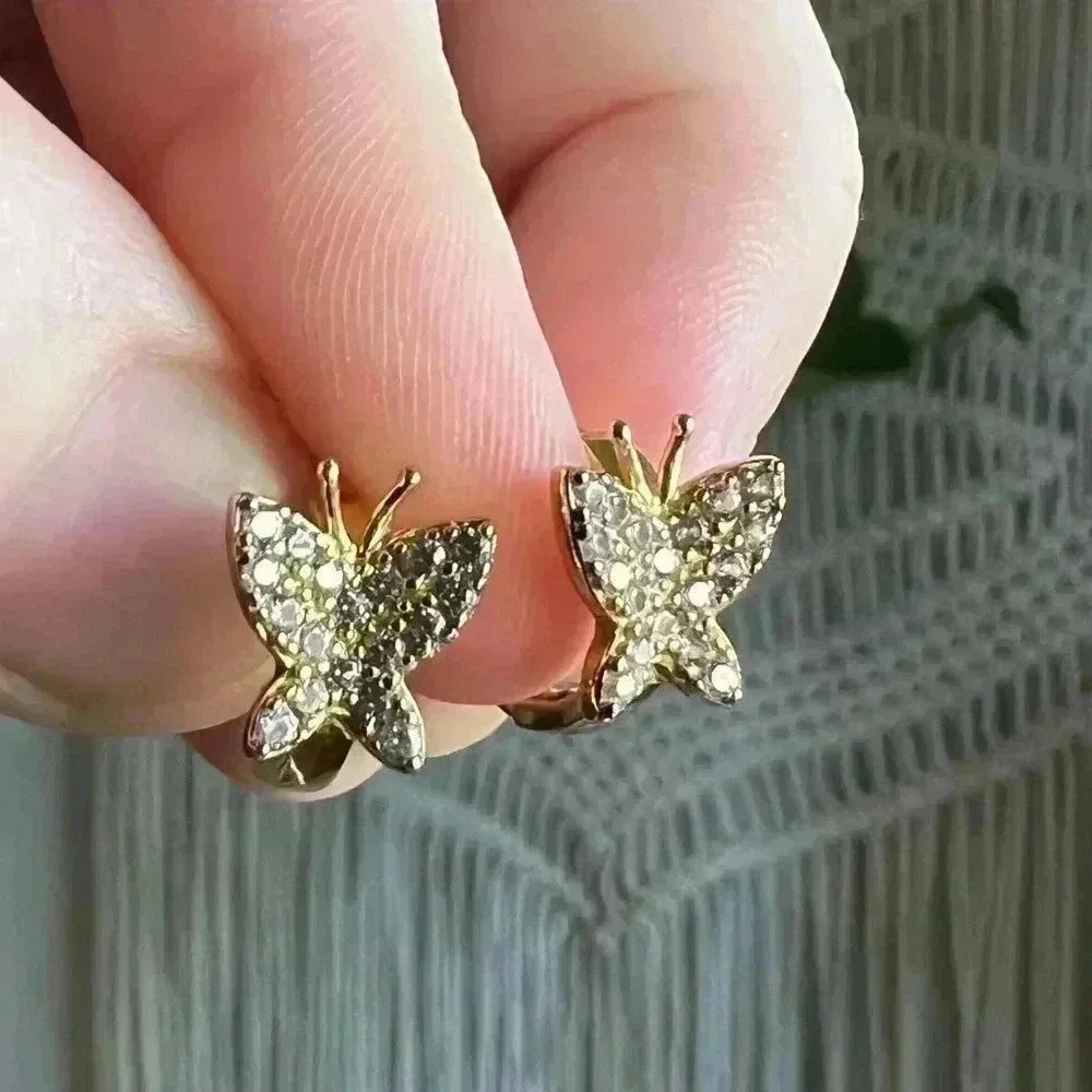 Costume Jewelry Diamond sparkly Gold Butterfly Huggies Earrings small Hoops